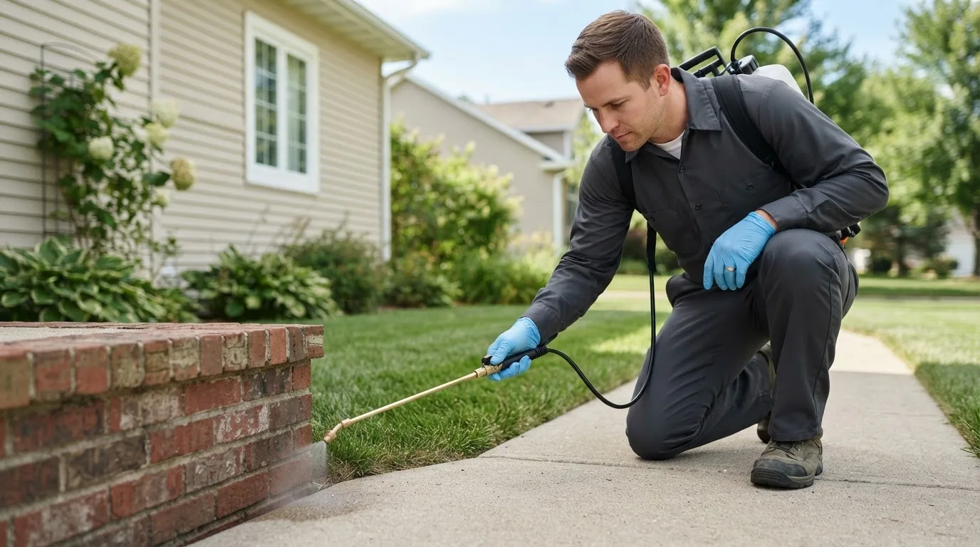 Pest control technician treating a home near Atascosa, TX