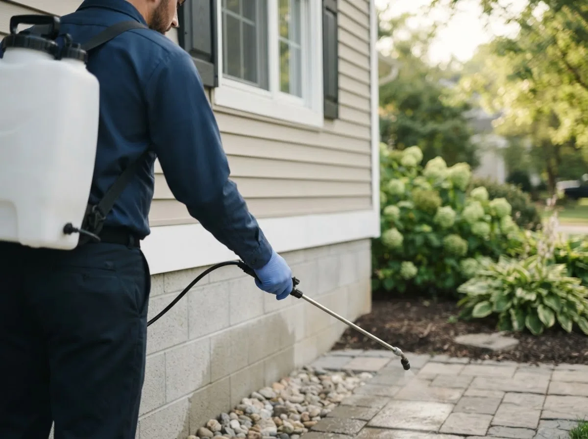 Pest control technician inspecting a home in Atascosa, TX